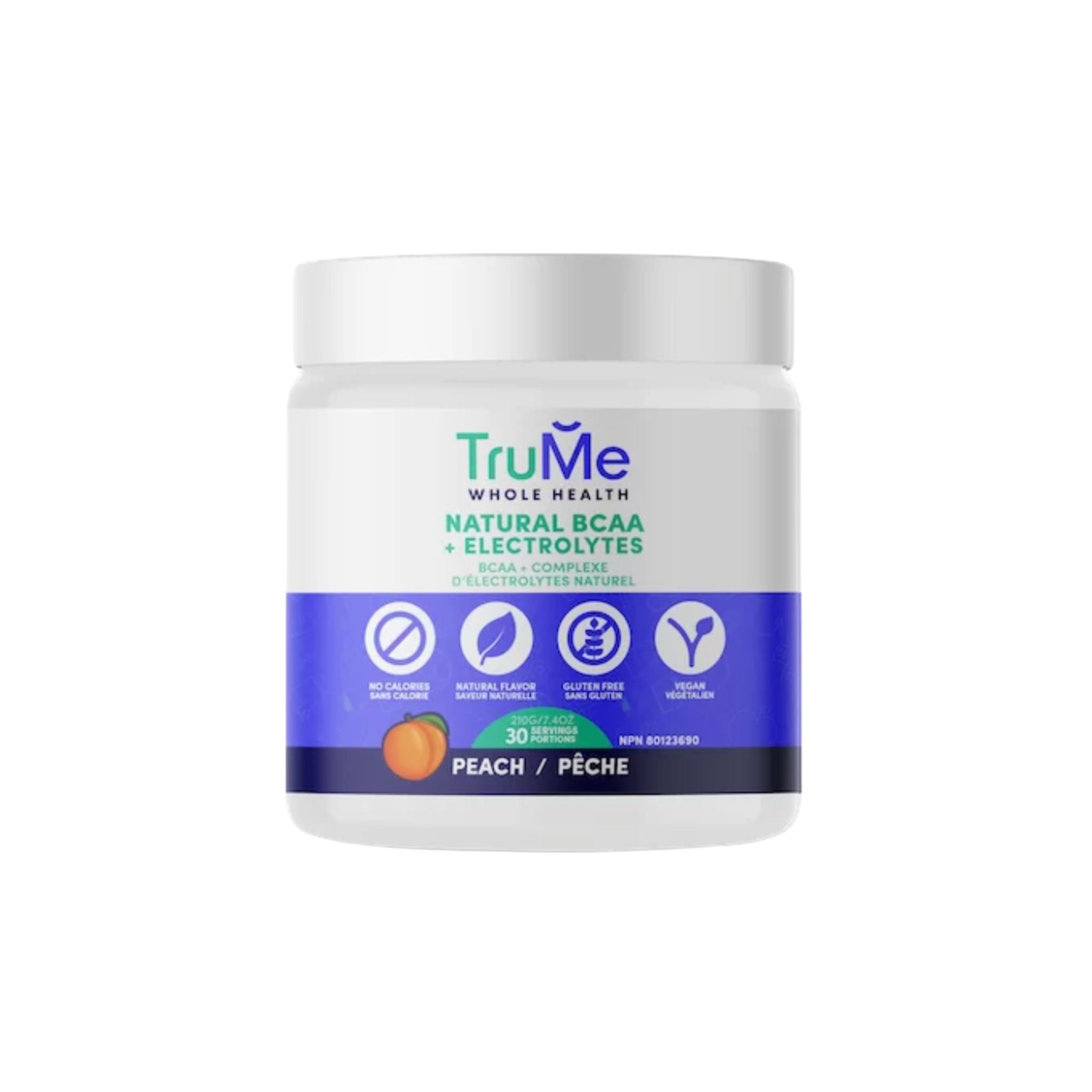 TruMe BCAA + Electrolytes supplement container with colorful label featuring flavor options and nutritional information.