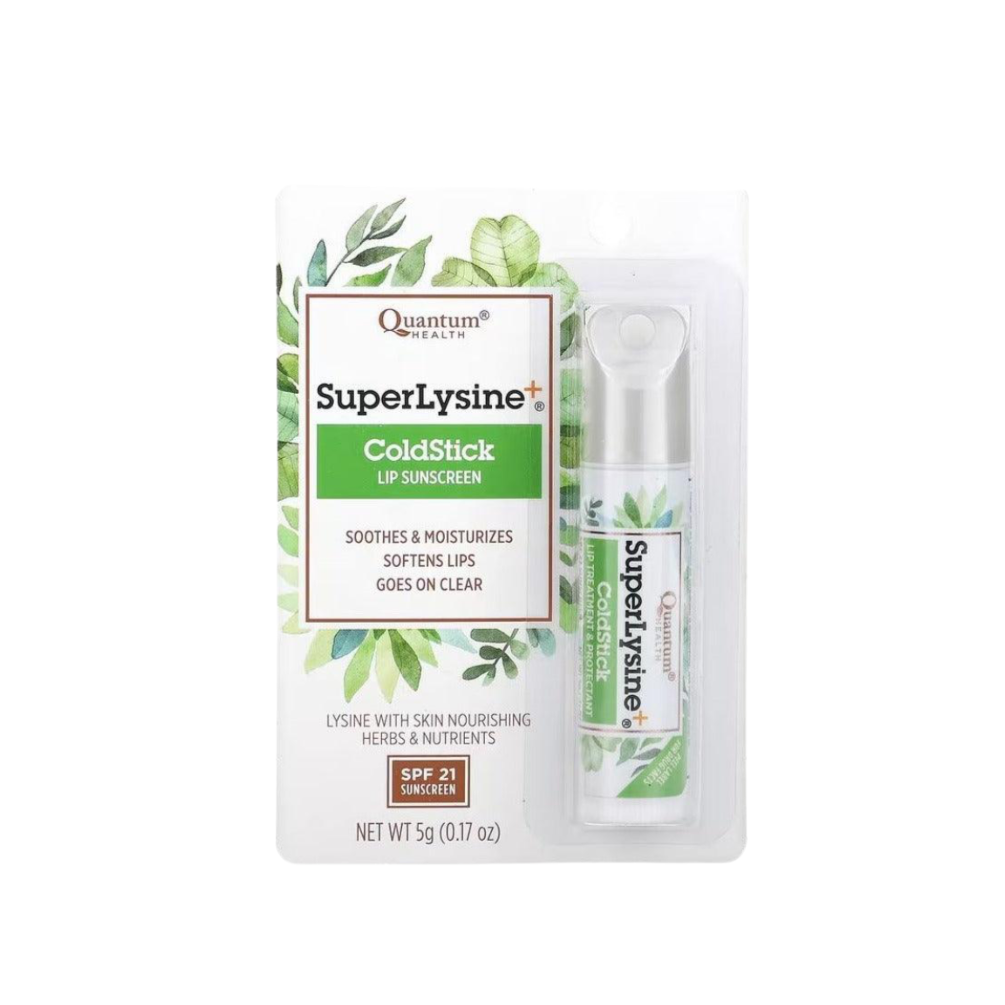 Quantum Super Lipcare Lysine Coldstick by Purity Life, a close-up of the lip balm stick ready for application.