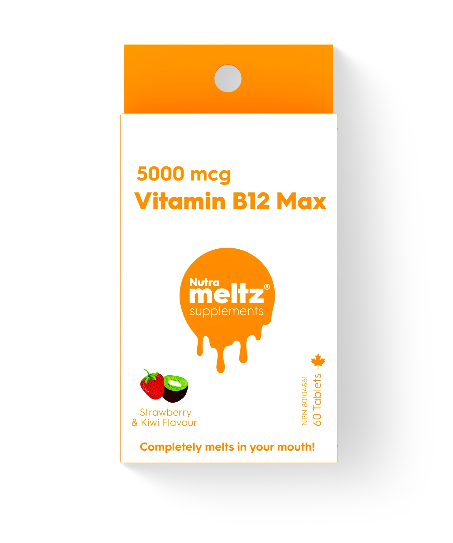Nutra Meltz Vitamin B12 5000 mcg quick-dissolving tablets, showing orange-flavored tablets dissolving in water.
