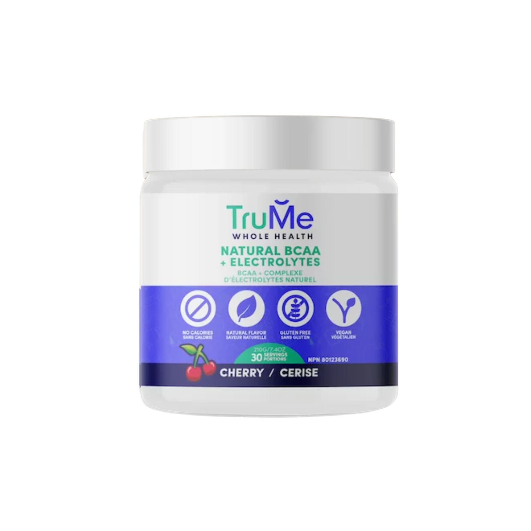 TruMe BCAA + Electrolytes supplement container with label, showing the product in a clear, close-up view.