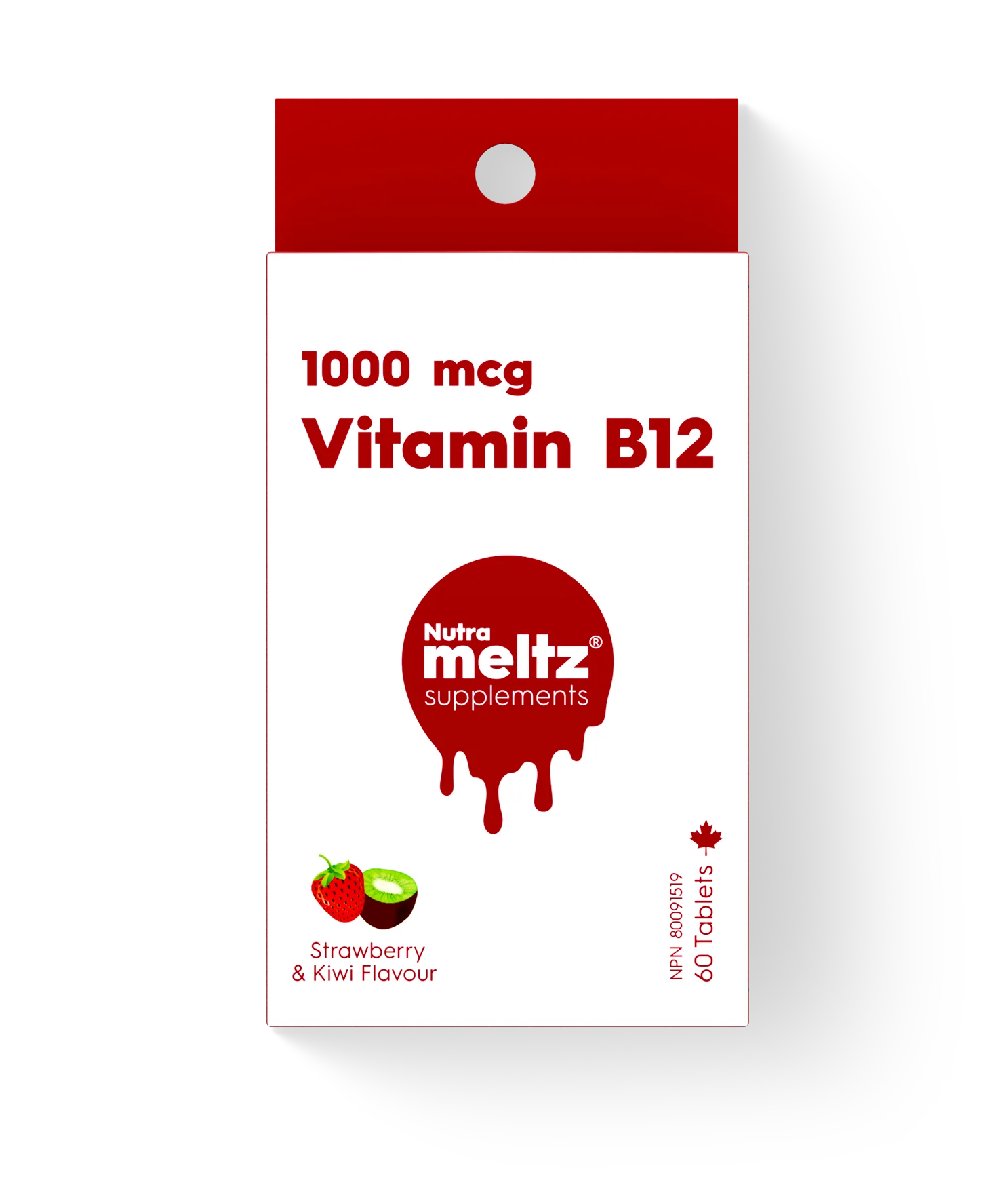 Nutra Meltz Vitamin B12 quick-dissolving tablets in blister pack, showing small round tablets ready for oral consumption.