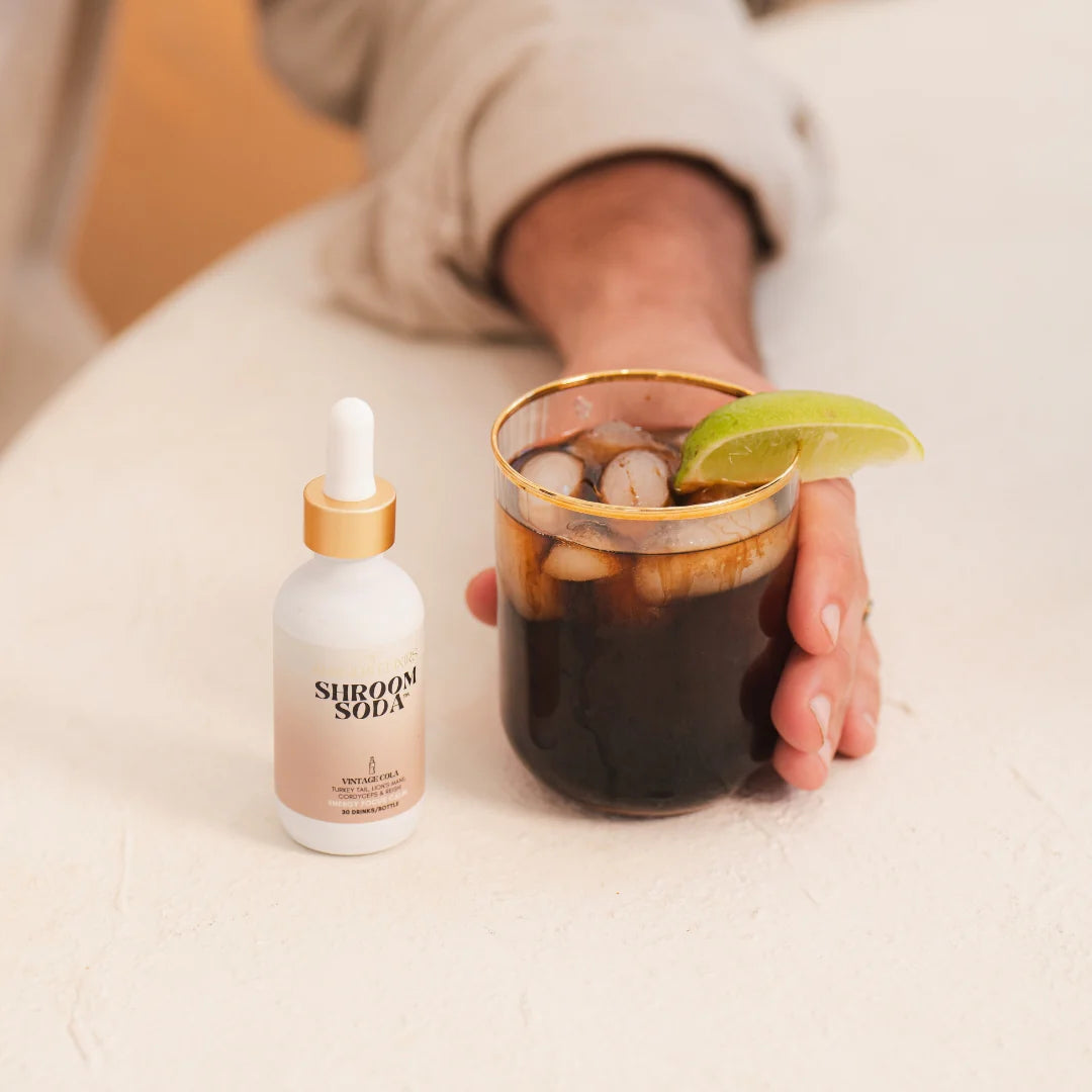 Ananda Elixirs Shroom Soda 1600mg mushroom extract liquid drops in a glass dropper bottle with label.