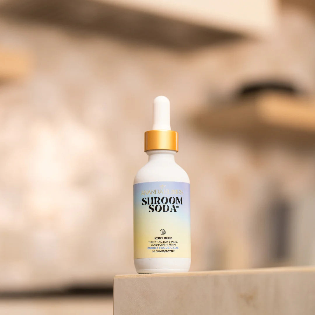 Ananda Elixirs Shroom Soda 1600mg mushroom extract liquid drops bottle with dropper for natural supplement use