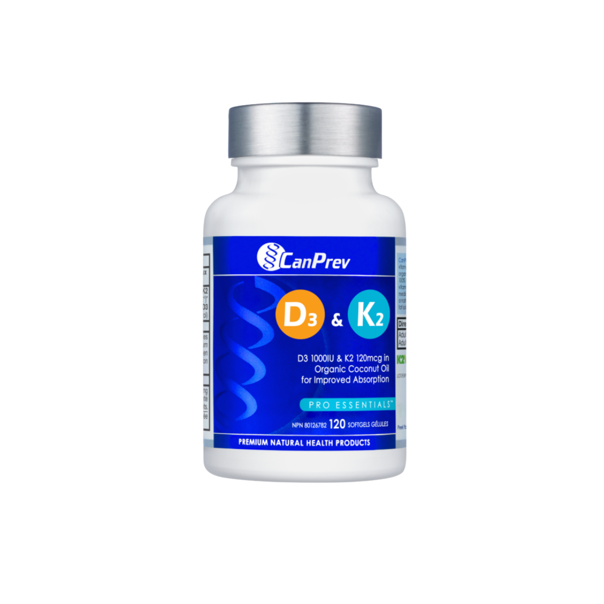 CanPrev D3 & K2 softgels bottle, supplement for bone health, calcium absorption, and immune support, with 120 softgel capsules.