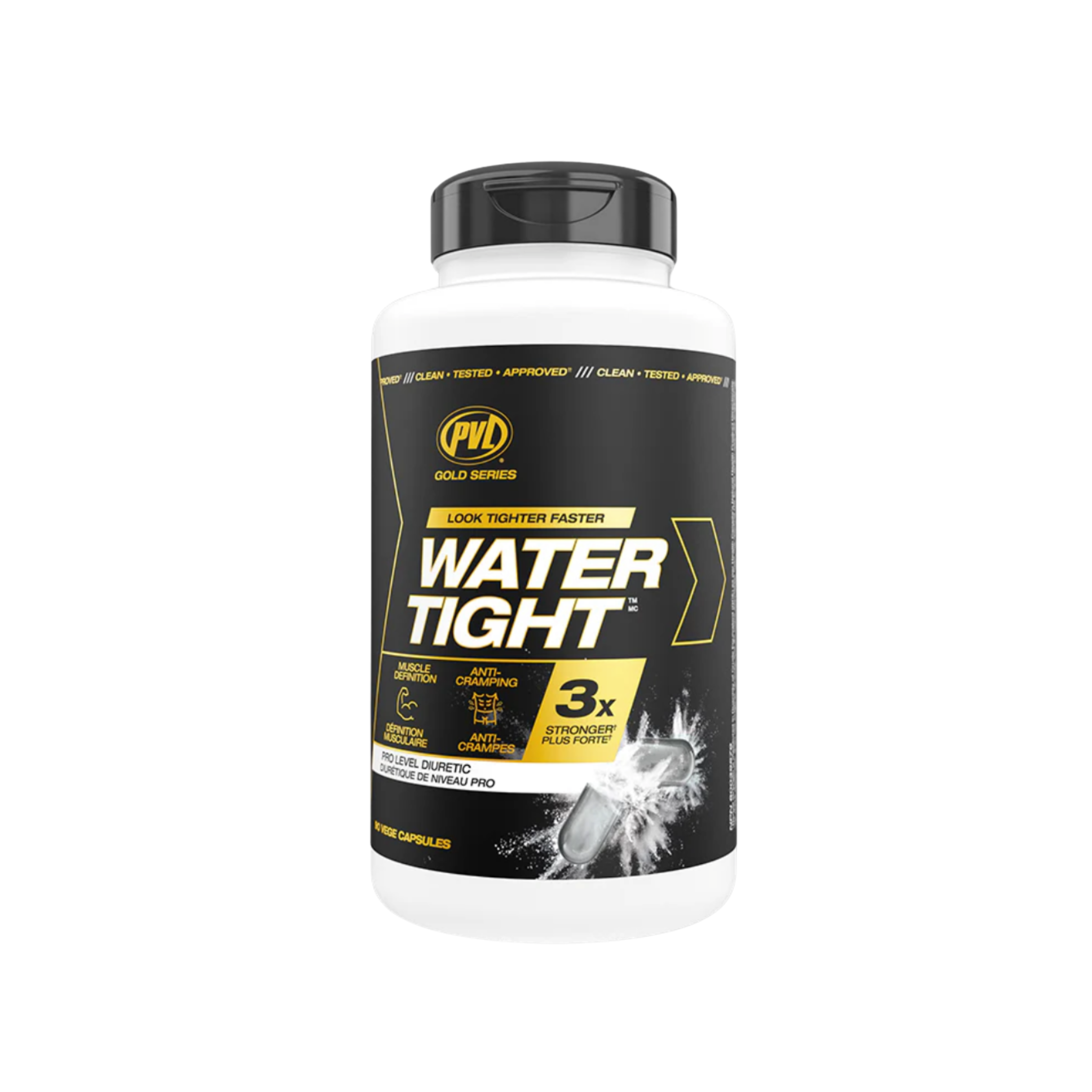 PVL Watertight supplement bottle showing label for water balance, bloating, and muscle definition support.