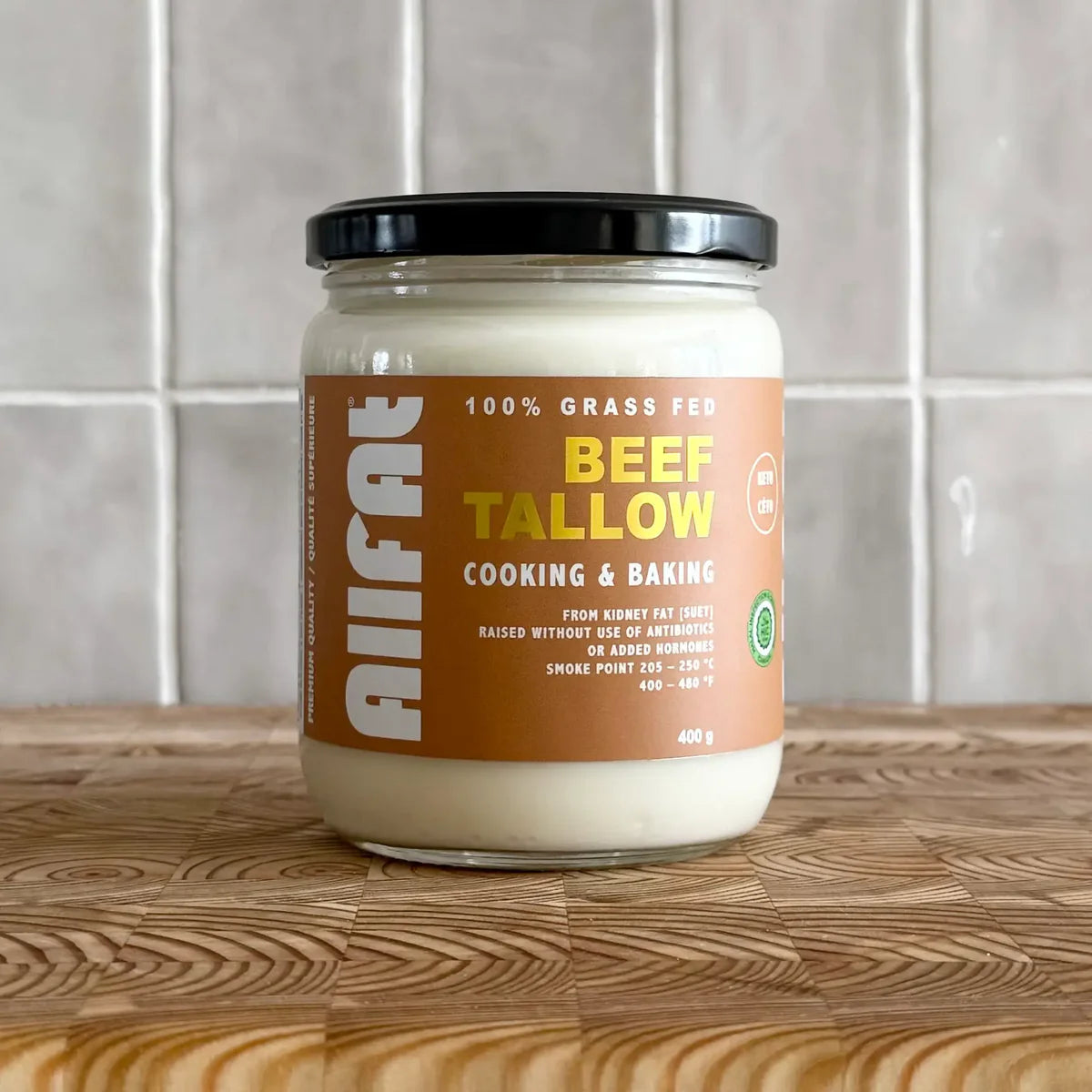 400g jar of ALLFAT Grass-Fed Beef Tallow, 100% grass-finished cooking fat in a clear glass jar with a metal lid.