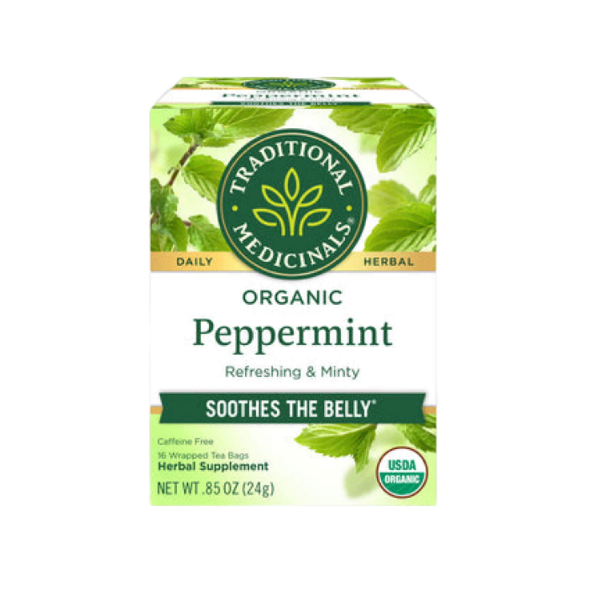 Traditional Medicinals herbal tea box with 16 tea bags, featuring natural packaging and product branding visible.