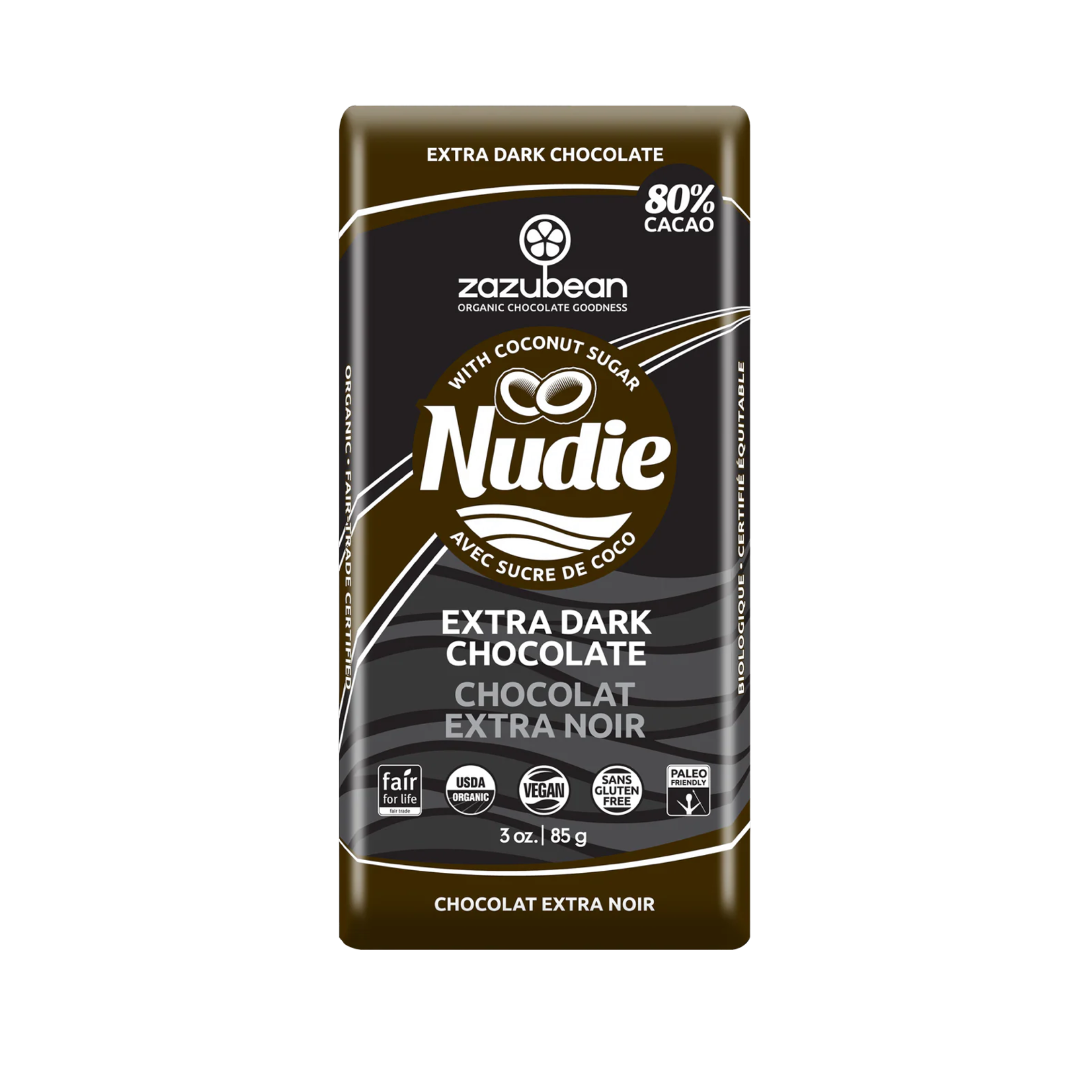 Horizon Wellness & Grocery Zazubean chocolate bar with dark chocolate and natural ingredients, showing the packaging and chocolate pieces.