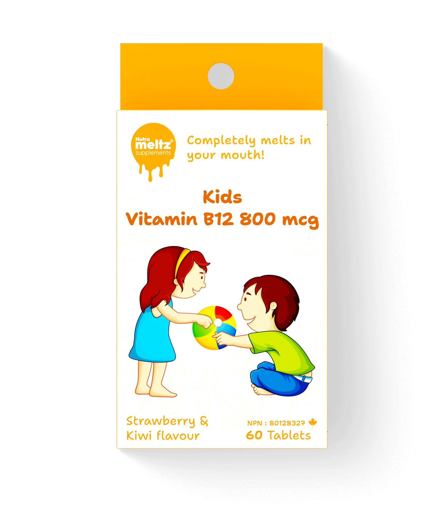 Nutra Meltz Vitamin B12 quick-dissolving tablets in blister pack, showing the tablets ready to dissolve under the tongue.