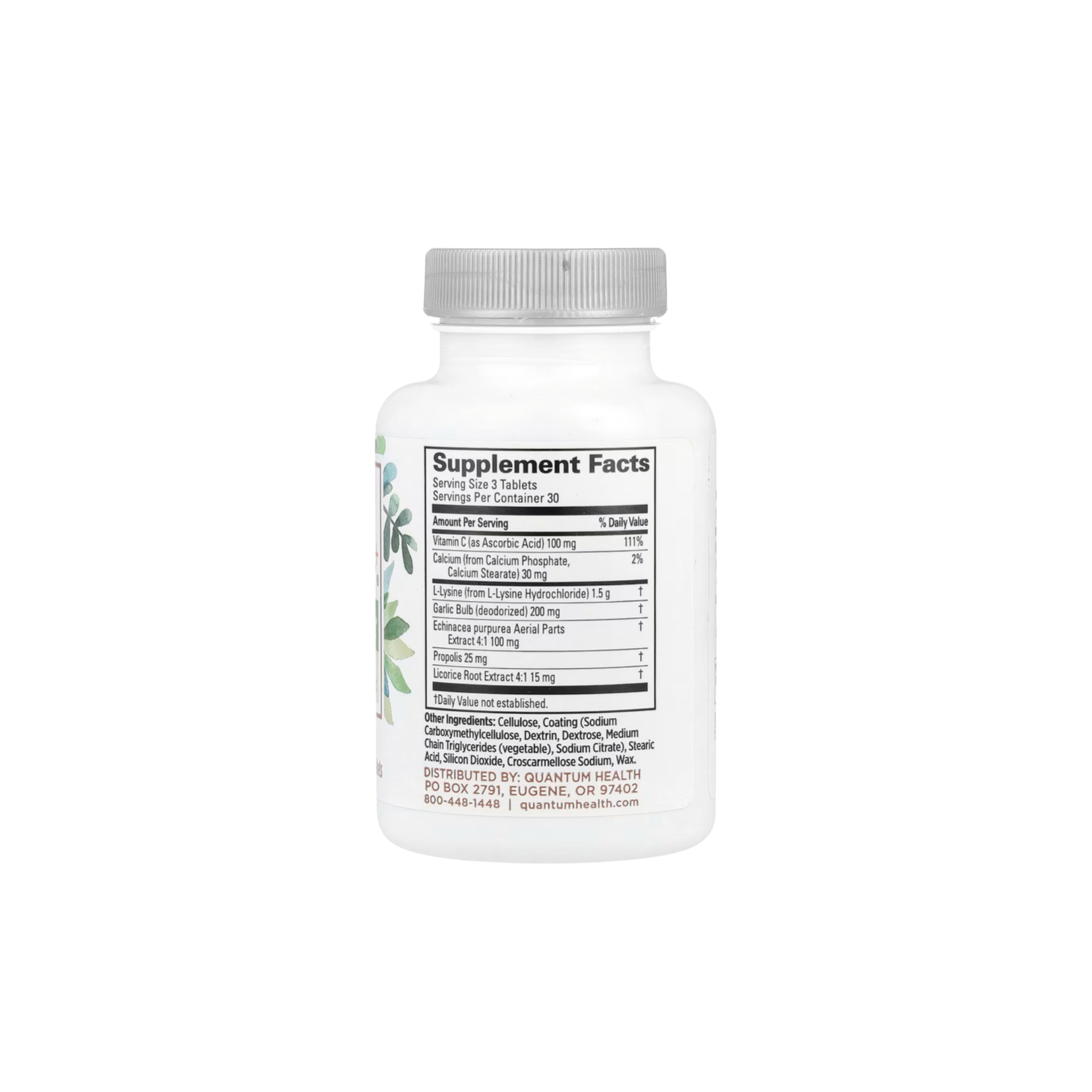 Purity Life Quantum Super Lysine Cold Sore supplement bottle with 90 tablets, designed to support cold sore relief and immune health.