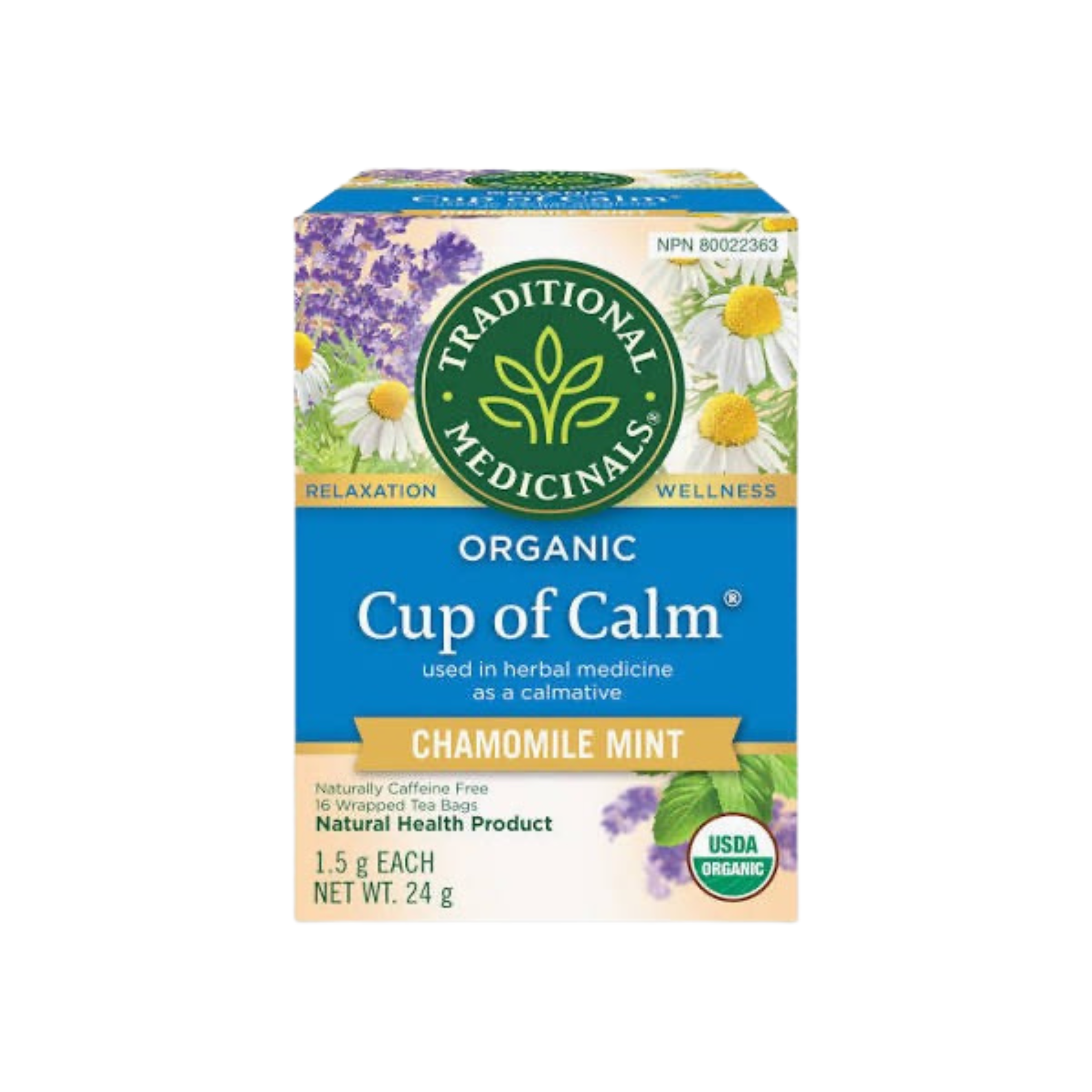 Box of Traditional Medicinal herbal tea with 16 tea bags, featuring natural packaging and fresh, loose tea leaves visible.
