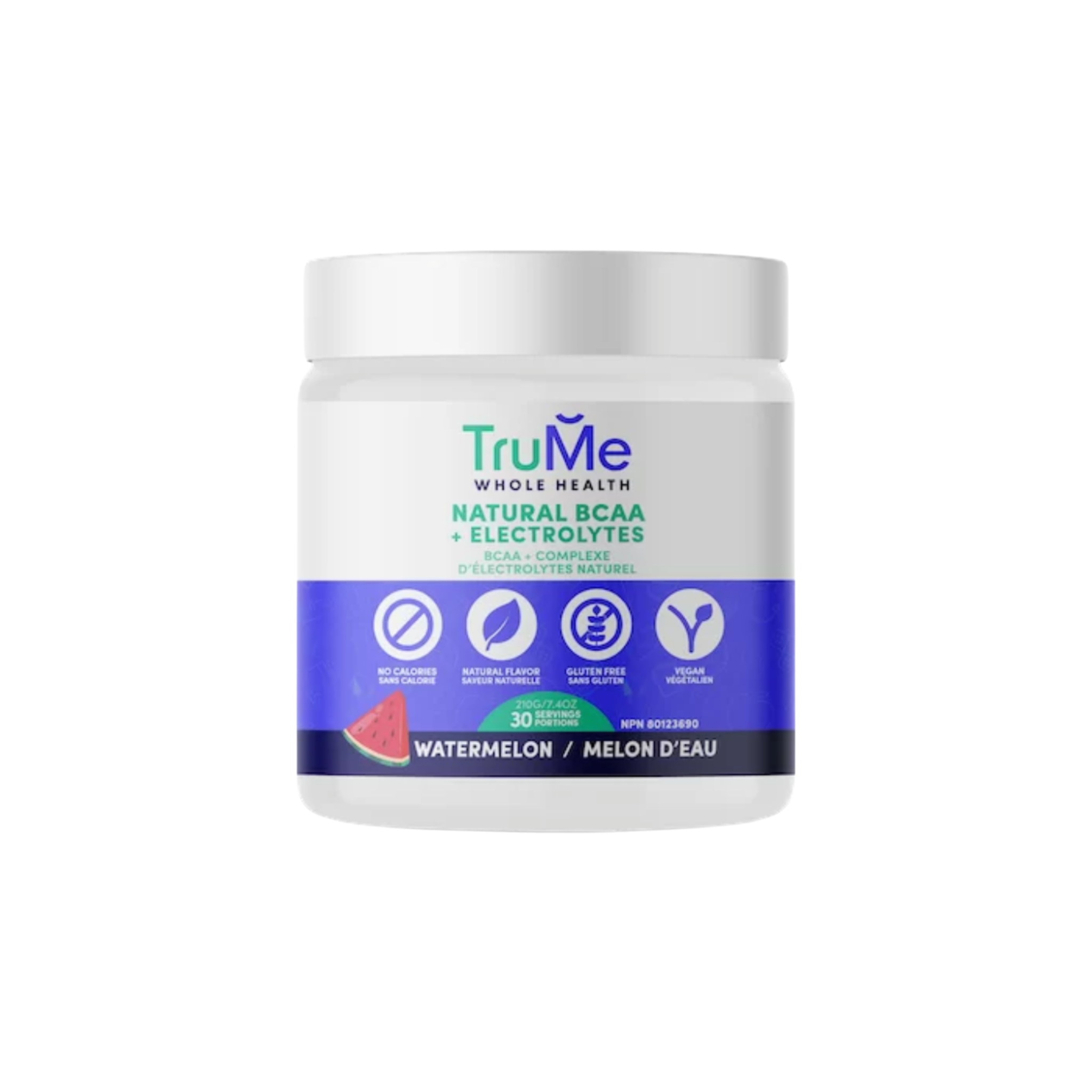 TruMe BCAA + Electrolytes supplement container showing the label with ingredients and branding for fitness recovery and hydration.