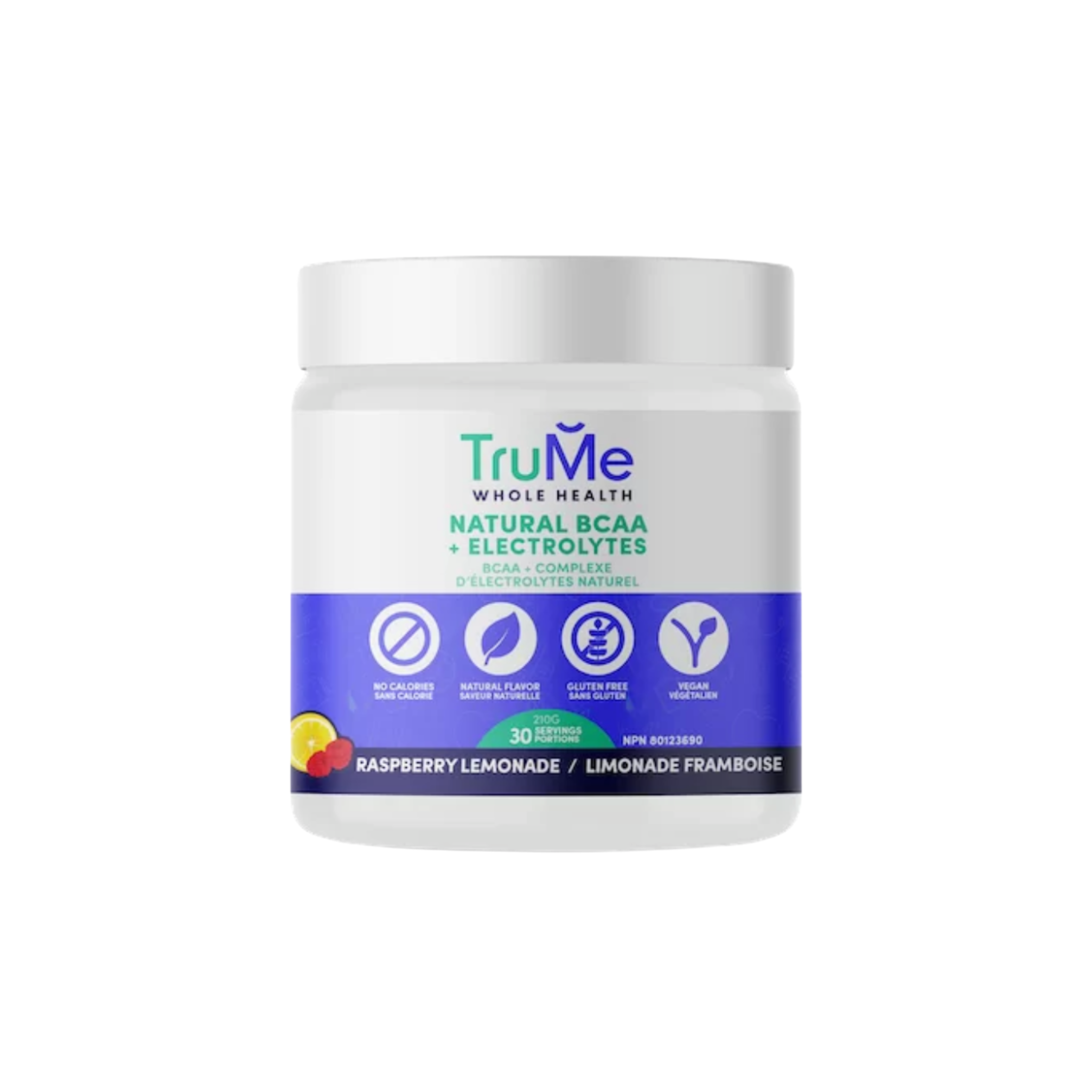 TruMe BCAA plus electrolytes supplement in a clear container with colorful label, showing the product's branding and ingredients.