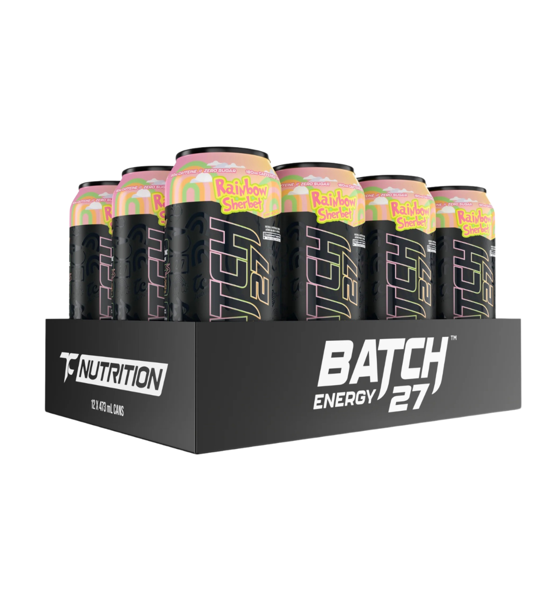 Batch 27 Energy Drink by TC Nutrition in a sleek can, featuring vibrant branding and energetic design on the label.