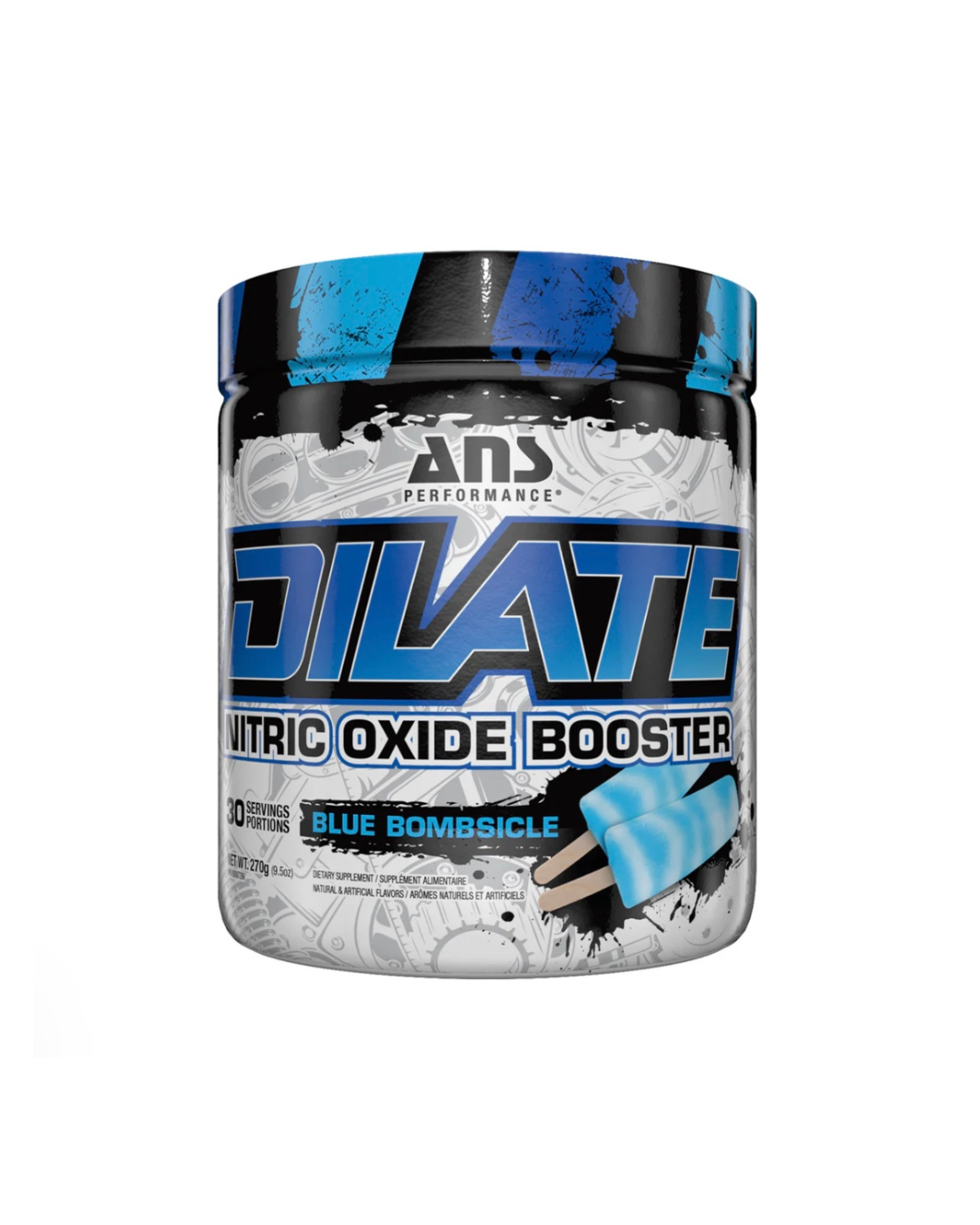 ANS Performance ANS Dilate Pump Pre-Workout supplement container with label, stimulant-free nitric oxide booster for enhanced workout performance