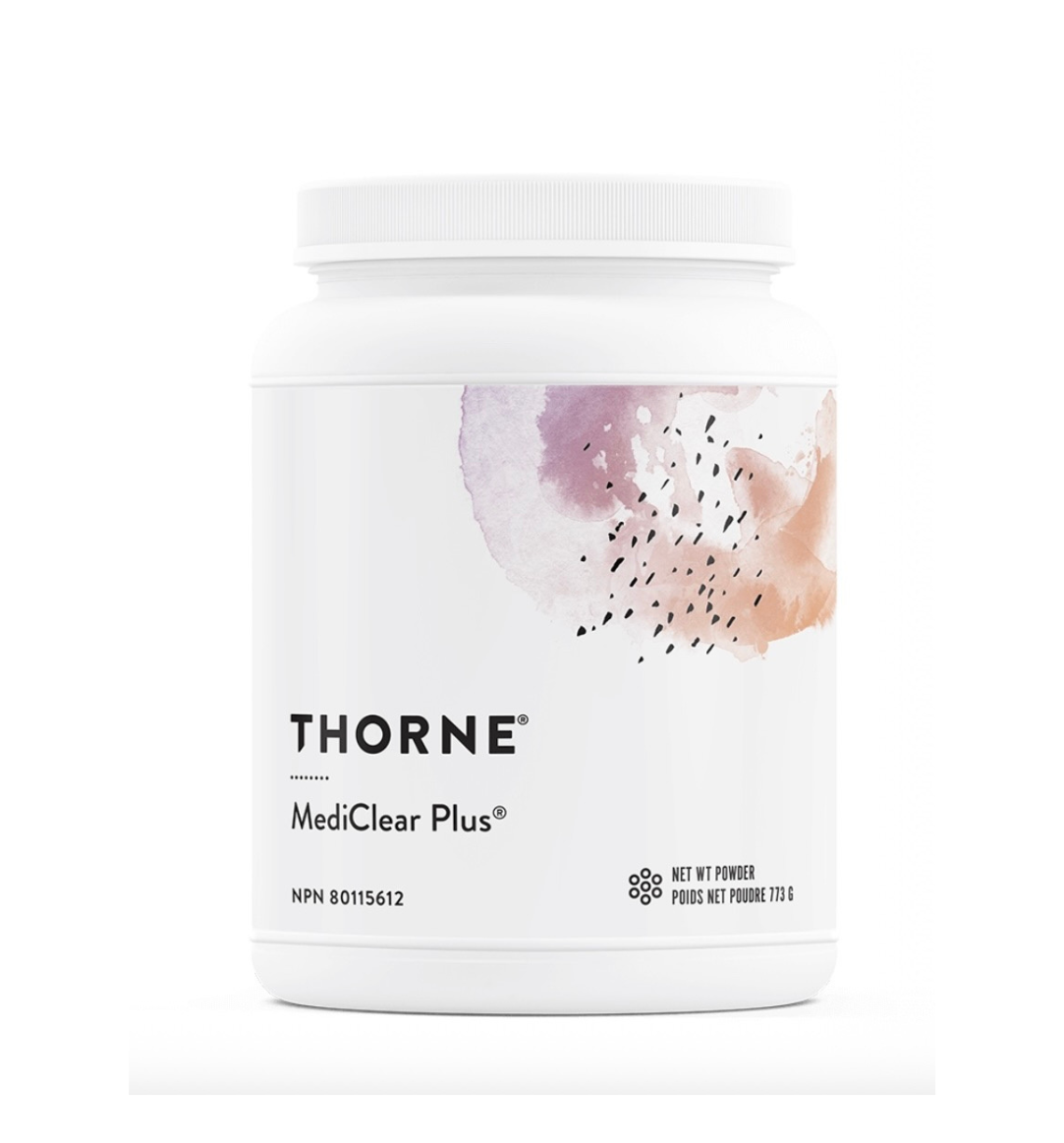 Thorne MediClear Plus detox protein powder for liver support, featuring a container of supplement powder with a scoop.