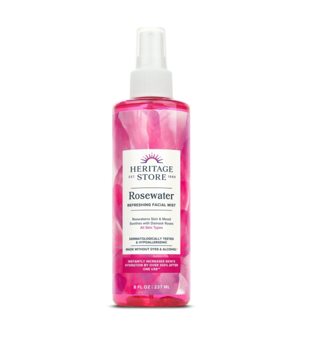 Heritage Store Rosewater Spray hydrating facial mist with rose petals, designed to refresh and soothe skin naturally.