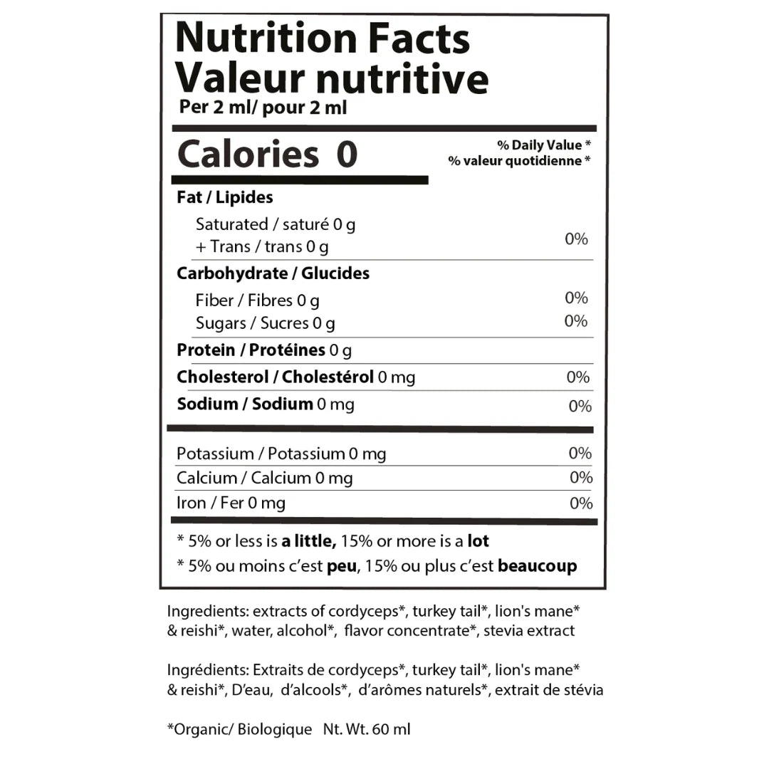 Ananda Elixirs Shroom Soda 1600mg mushroom extract liquid drops bottle with nutrition facts label and dropper cap.