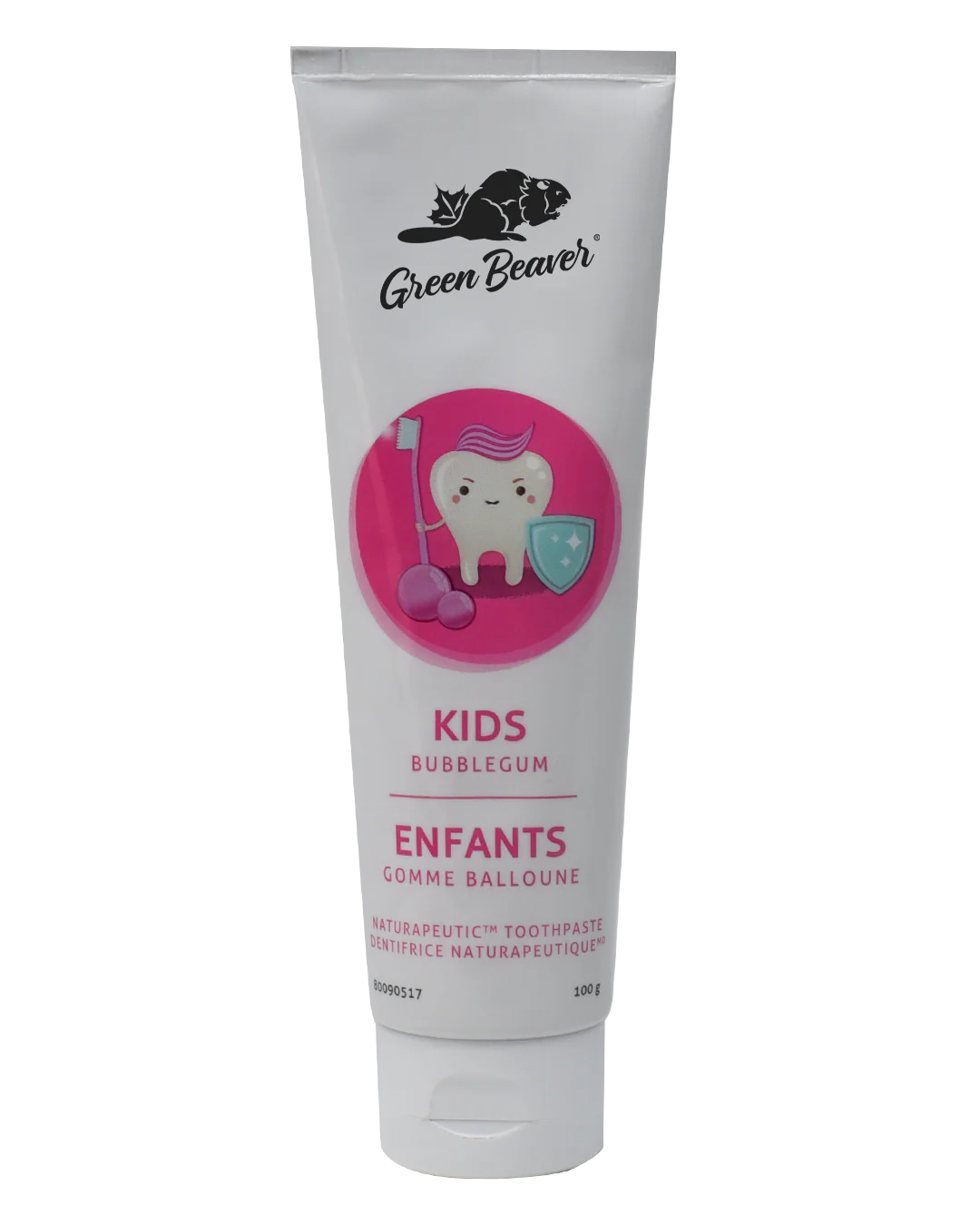 Green Beaver fluoride-free kids toothpaste with bubblegum flavor in a colorful tube for children’s oral care.