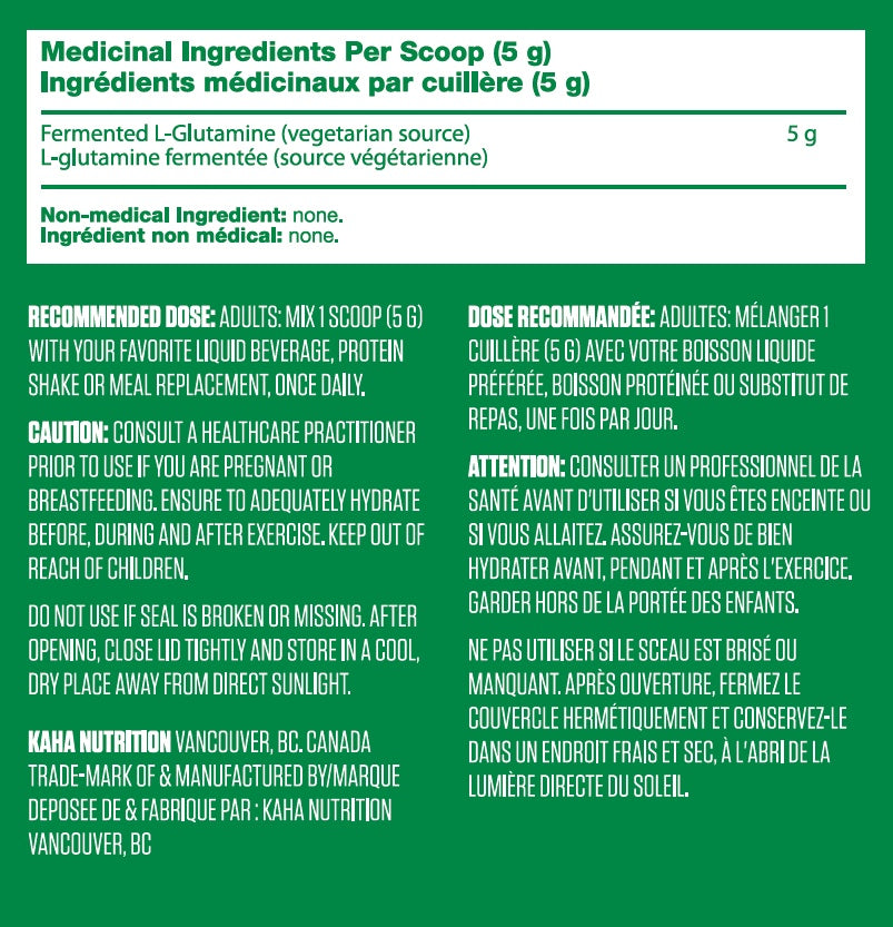 KAHA Plant-Based L-Glutamine 150g - Supplement Facts and ingredients