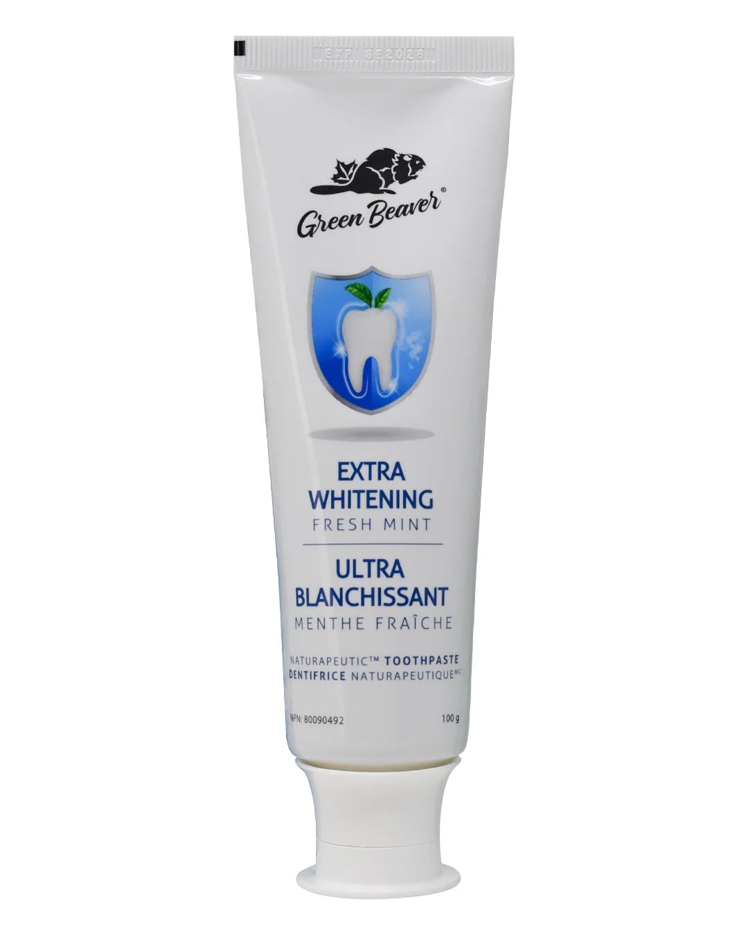 Green Beaver fluoride-free whitening toothpaste tube with green and white packaging, displayed on a white background.