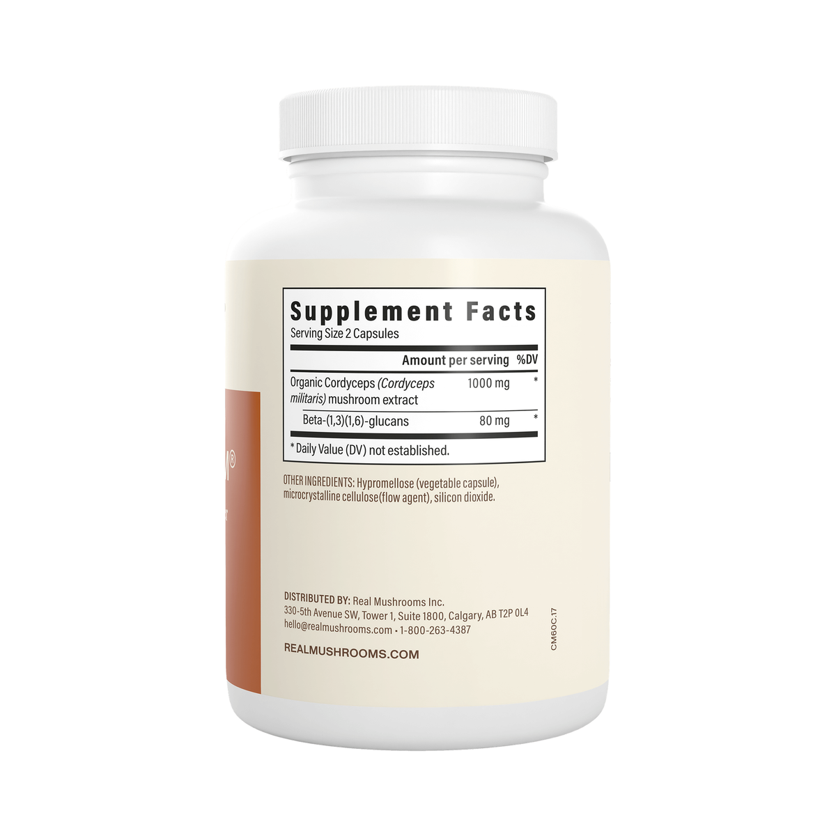 Real Mushrooms Cordyceps supplement facts panel β 1000mg organic Cordyceps militaris extract, 80mg beta-glucans per serving