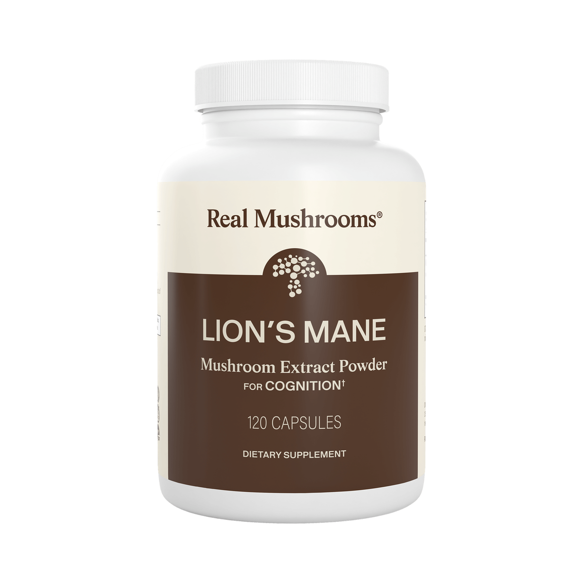 Real Mushrooms Organic Lion's Mane Extract Capsules, 120 count bottle on white background