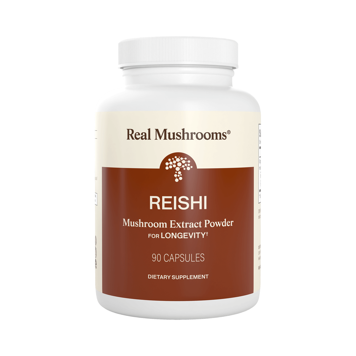 Real Mushrooms Organic Reishi Mushroom Capsules, 90 count bottle on white background