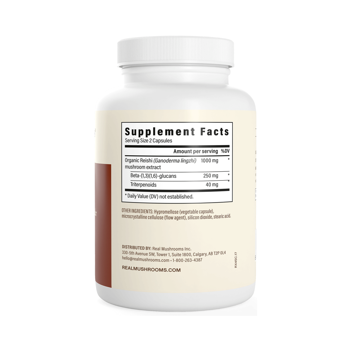 Real Mushrooms Reishi supplement facts panel β 1000mg organic Reishi extract, 250mg beta-glucans, 40mg triterpenoids per serving