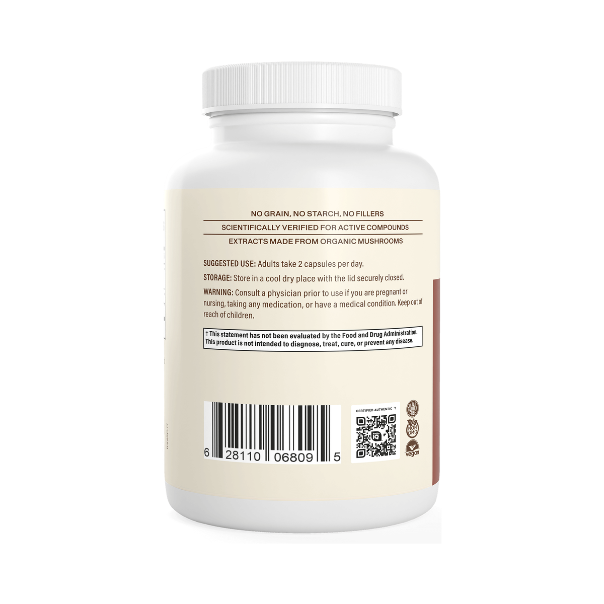 Real Mushrooms Reishi usage directions, storage, and certification icons