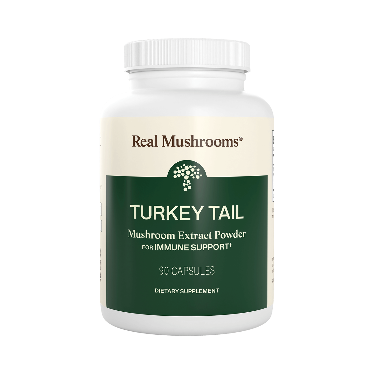 Real Mushrooms Organic Turkey Tail Mushroom Capsules, 90 count bottle on white background