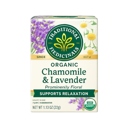 Traditional Medicinals herbal tea box with 16 tea bags, featuring natural packaging and herbal ingredients for wellness.