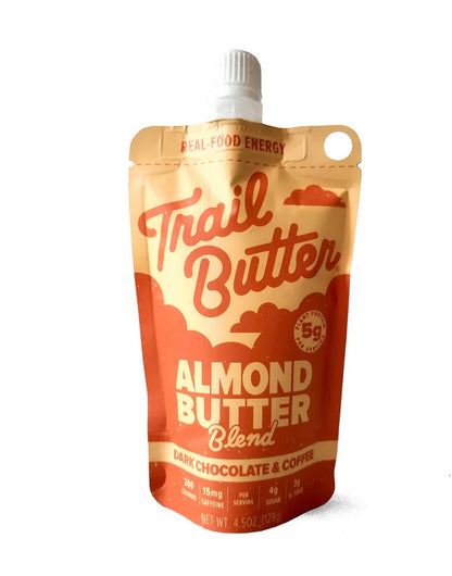 Eldr Trail Butter re-sealable 128g pouch with natural nut and seed spread, shown in a close-up view highlighting packaging.