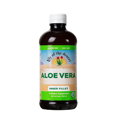 Bottle of Lily of The Desert Aloe Vera Inner Fillet in 946 ml container, showing clear liquid and label on a white background.