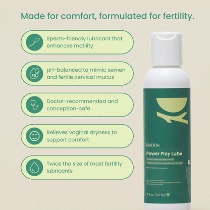 Bird&Be sperm-safe fertility lubricant bottle with clear label, designed for conception and comfort support.