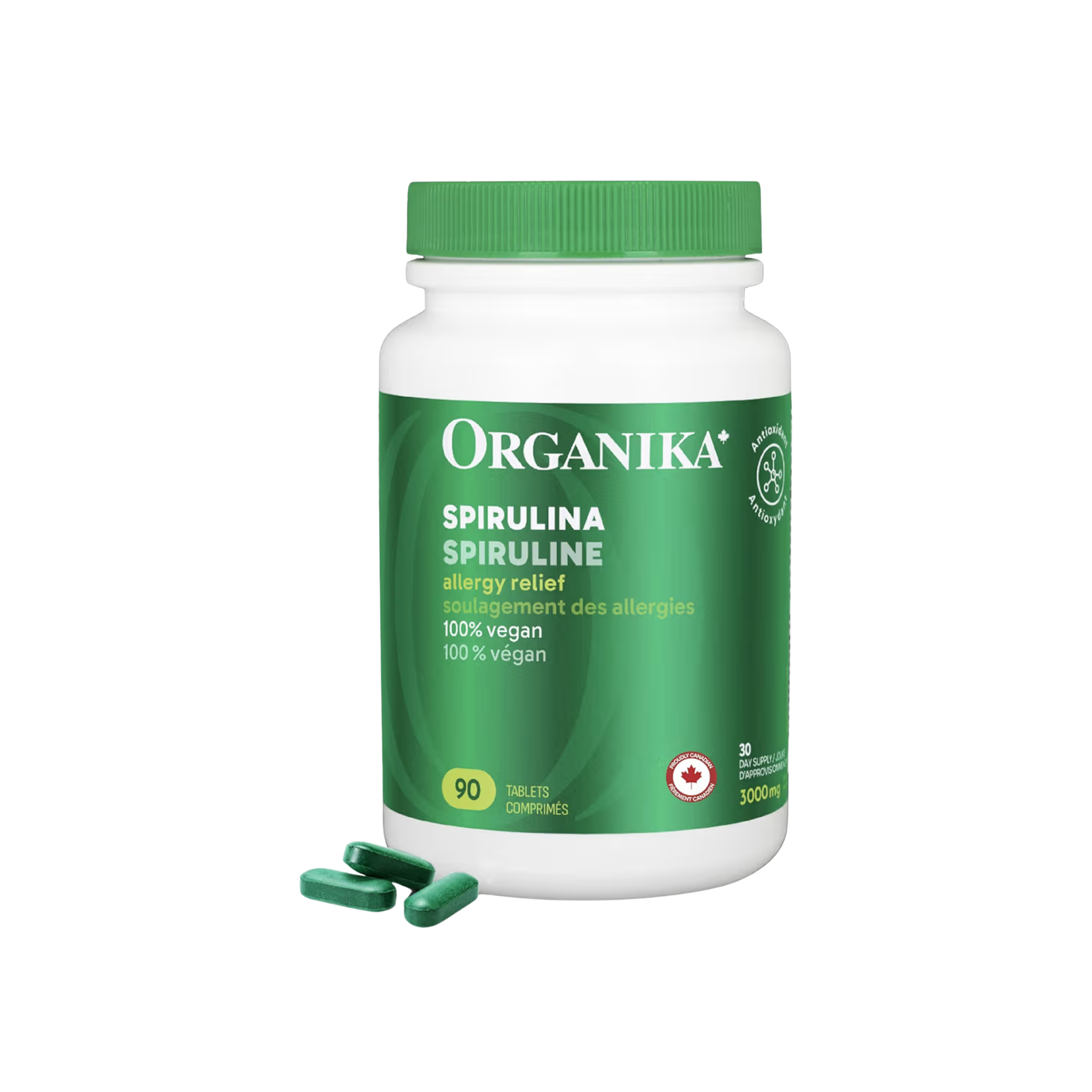 Organika Spirulina tablets, green superfood supplement for energy, iron, and antioxidant support, shown in blister pack.