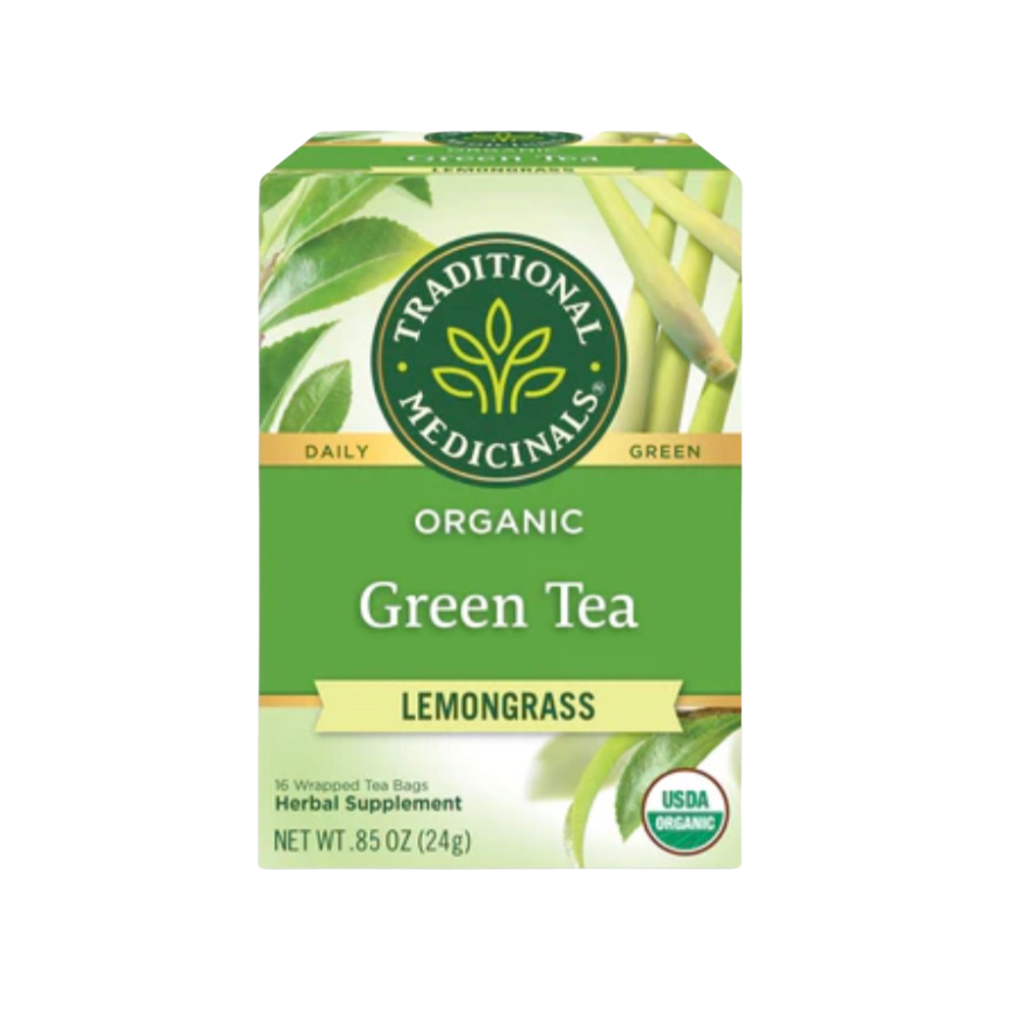 Traditional Medicinals herbal tea box with 16 tea bags, featuring natural packaging and a variety of traditional herbal blends.