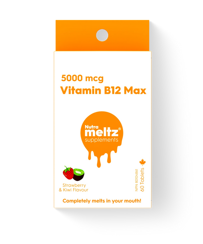 Nutra Meltz Vitamin B12 5000 mcg quick-dissolving tablets, showing orange-flavored tablets dissolving in water.
