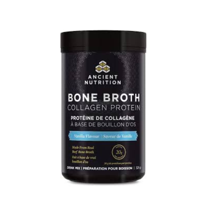 Ancient Nutrition Bone Broth Collagen powder in a jar, showing the label and scoop, used for skin, joint, and gut health.