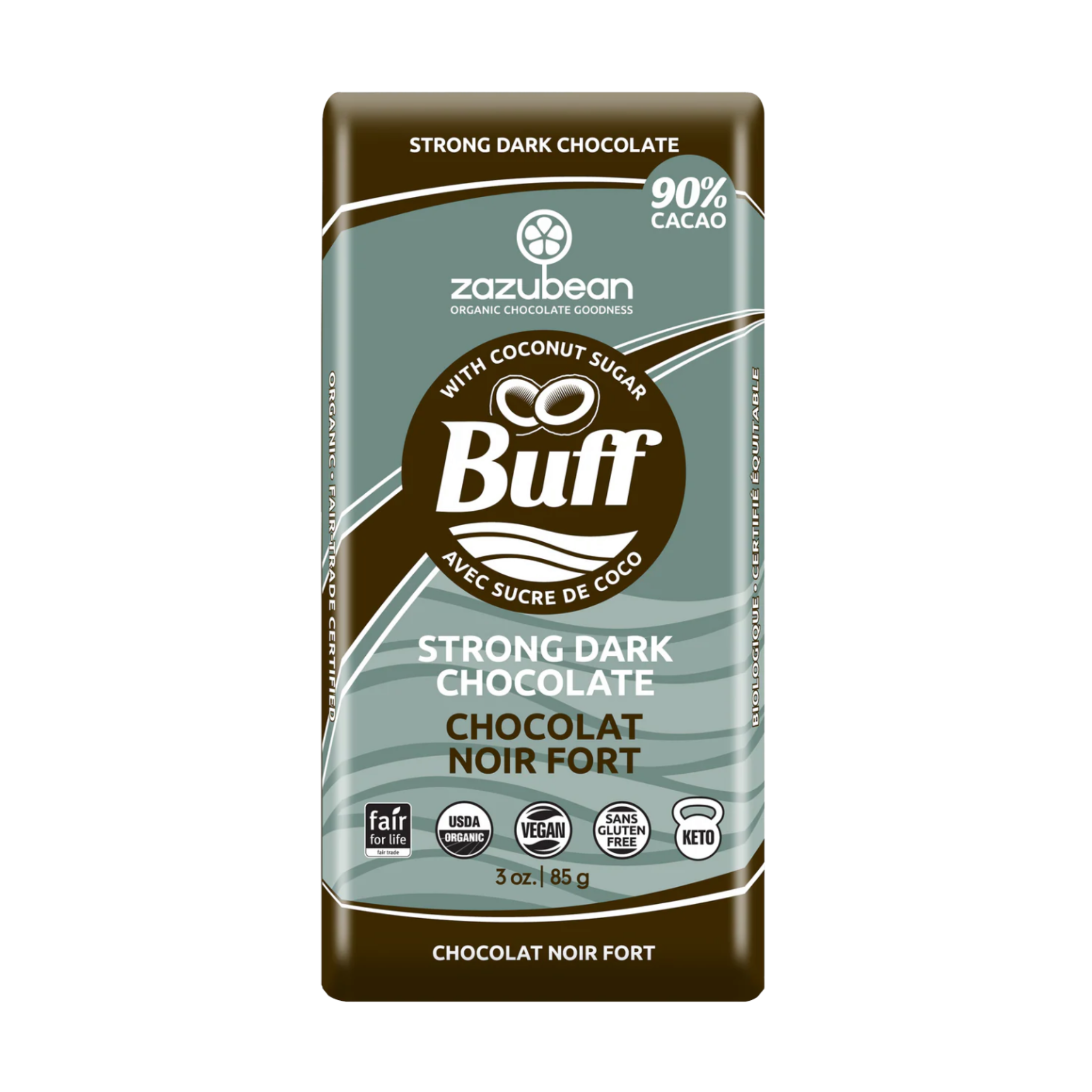 Horizon Wellness Zazubean chocolate bar with dark chocolate and organic ingredients, shown in a close-up image.
