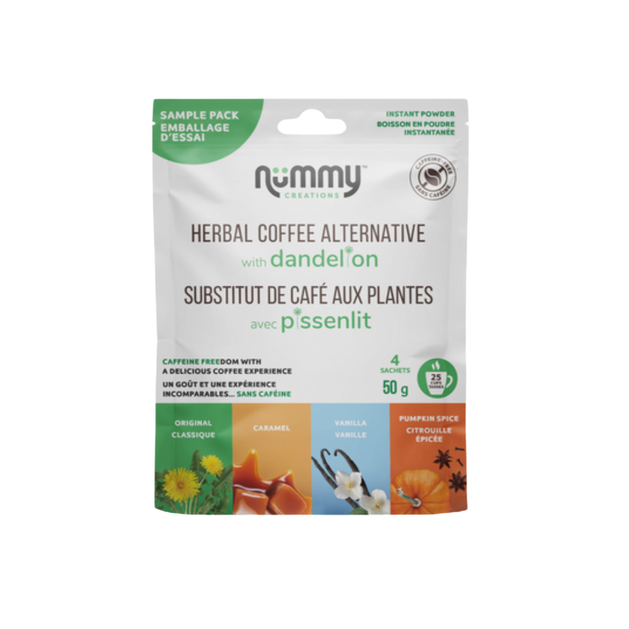 Nummy Creations, Herbal Coffee Alternative, Sample Pack - 4 Flavours 50g