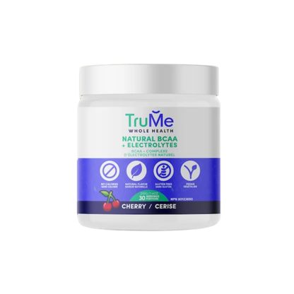 TruMe BCAA + Electrolytes supplement container with label, showing the product in a clear, close-up view.