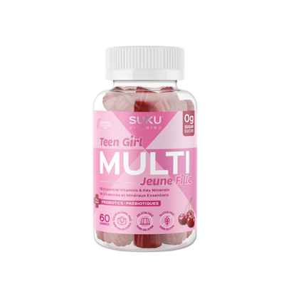 Suku Teen Multivitamin Gummy in a colorful bottle, featuring gummy vitamins with fruit flavors for teen health support.