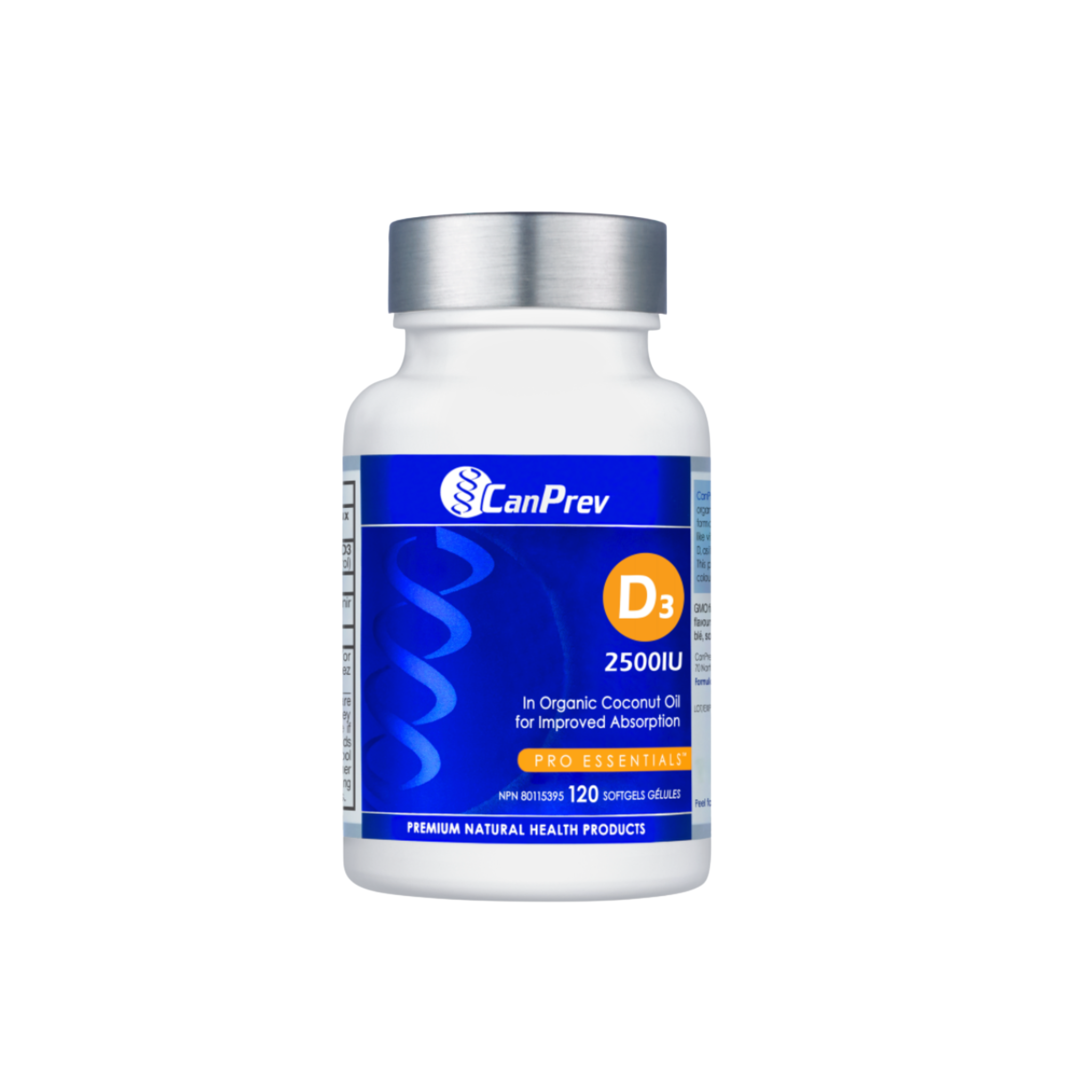 CanPrev Vitamin D3 2500 IU bottle, supplement for immune, bone, and daily health support, with a white label and cap.