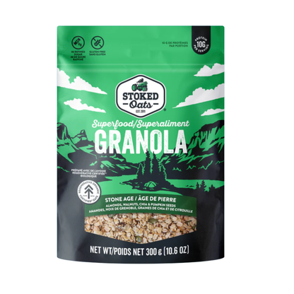 A 300g bag of Stoked Oats Granola Blend featuring clusters of oats, nuts, and dried fruit in a clear packaging.