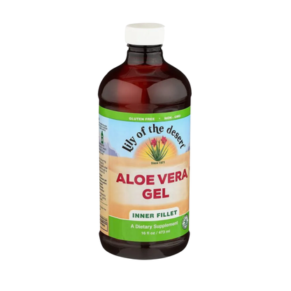 Lily of The Desert aloe vera inner fillet in a 946 ml bottle, showing the clear liquid inside the transparent container.