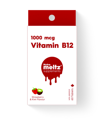 Nutra Meltz Vitamin B12 quick-dissolving tablets in blister pack, showing small round tablets ready for oral consumption.