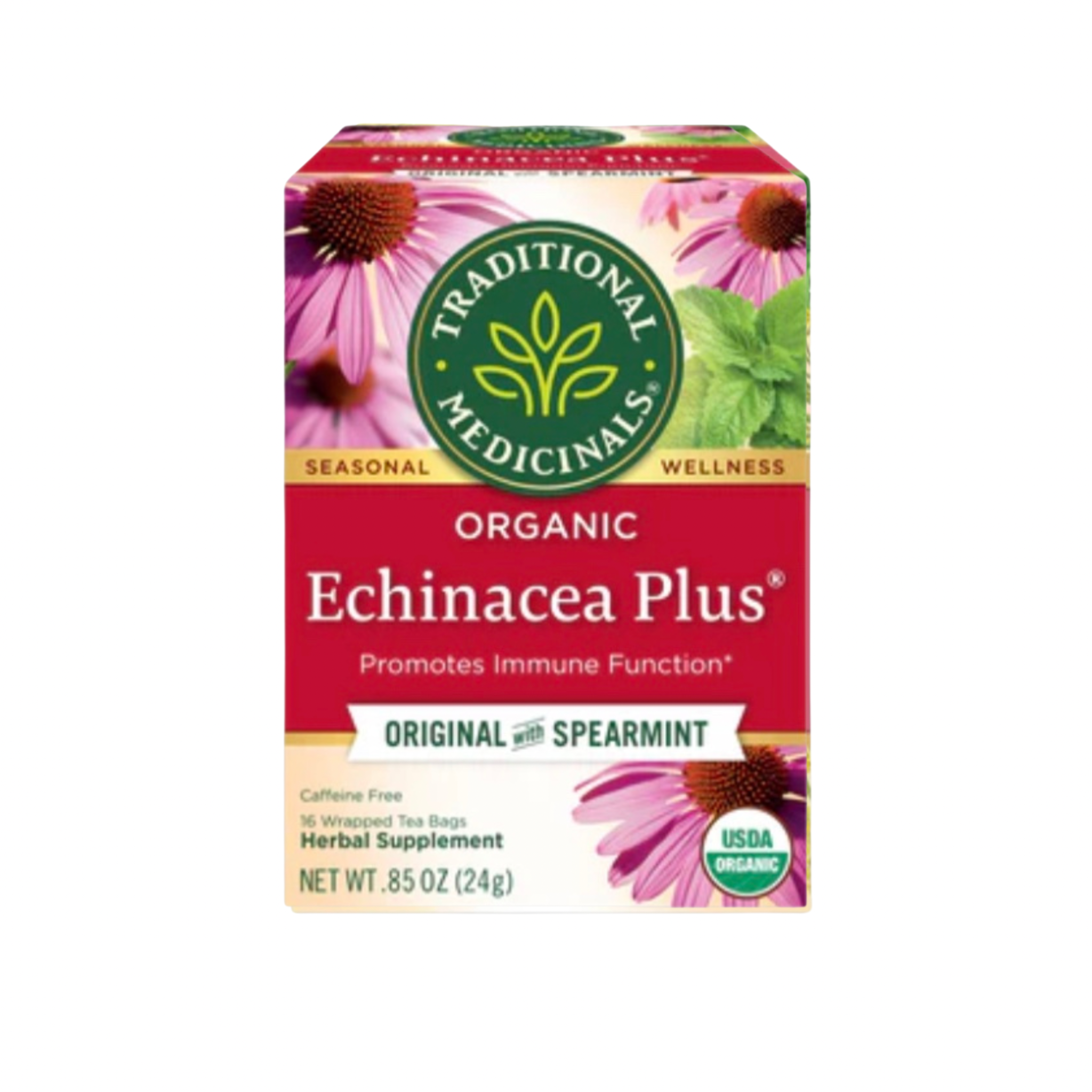 Traditional Medicinals herbal tea box with 16 tea bags, featuring natural packaging and herbal ingredients.