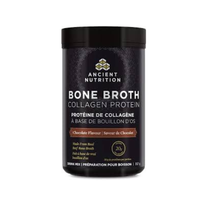Ancient Nutrition Bone Broth Collagen powder container with scoop, showing the product label and packaging.