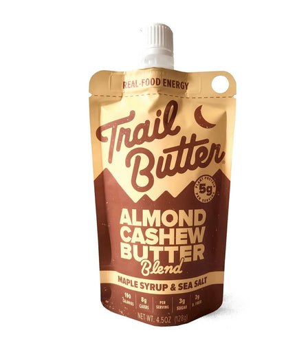 Eldr Trail Butter re-sealable pouch 128g with natural nut butter spread, showing the pouch’s label and resealable top.